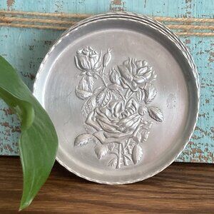 Vintage Everlast Forged All Over Rose Aluminum Coasters Floral Design Set of 4